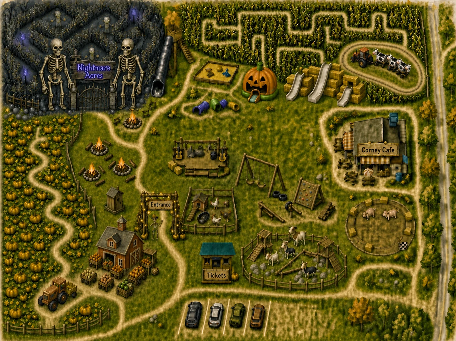 Illustrated 2026 Black Island Farms attraction map